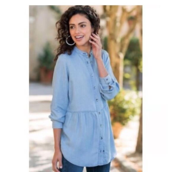 Soft Surroundings Aegean Tencel Top Chambray Babydoll Button Up Striped - Picture 1 of 9